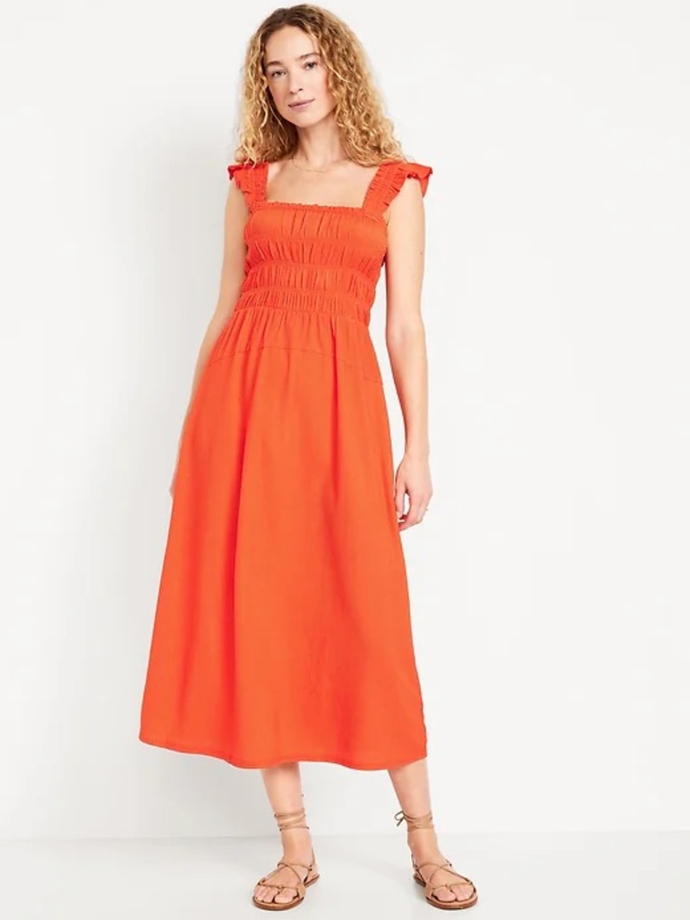 Old Navy Orange Smocked Square-Neck Midi Dress